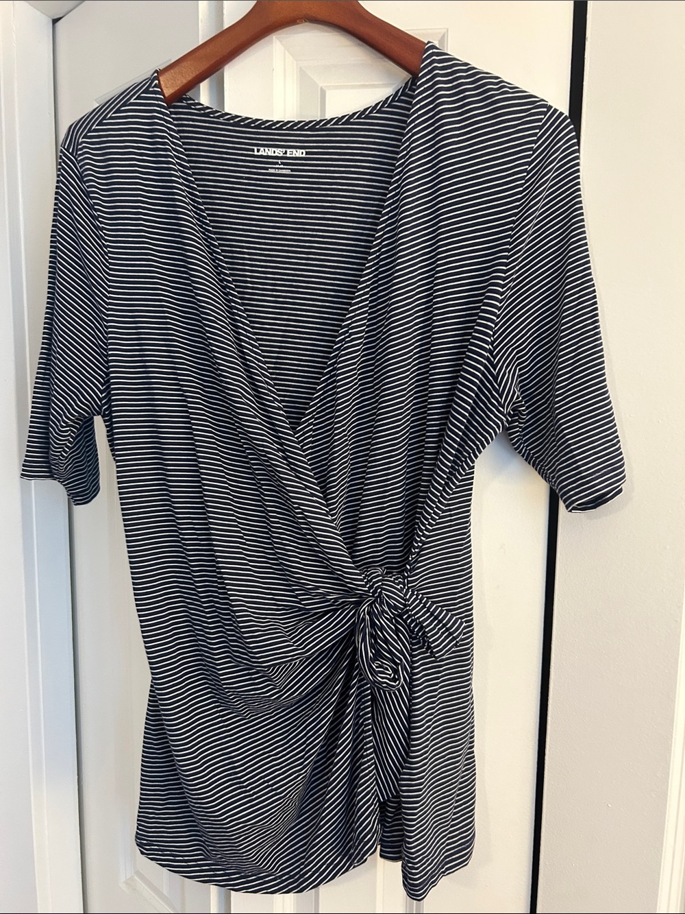 Lands' End Navy and White Striped Tie-Front Midi Dress